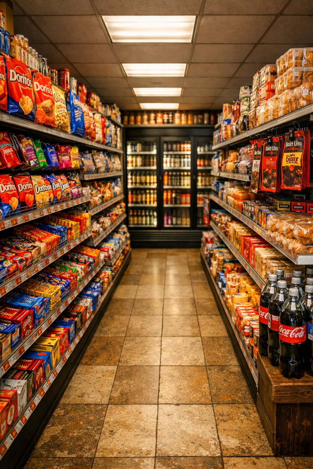 Market aisle with stocked shelves