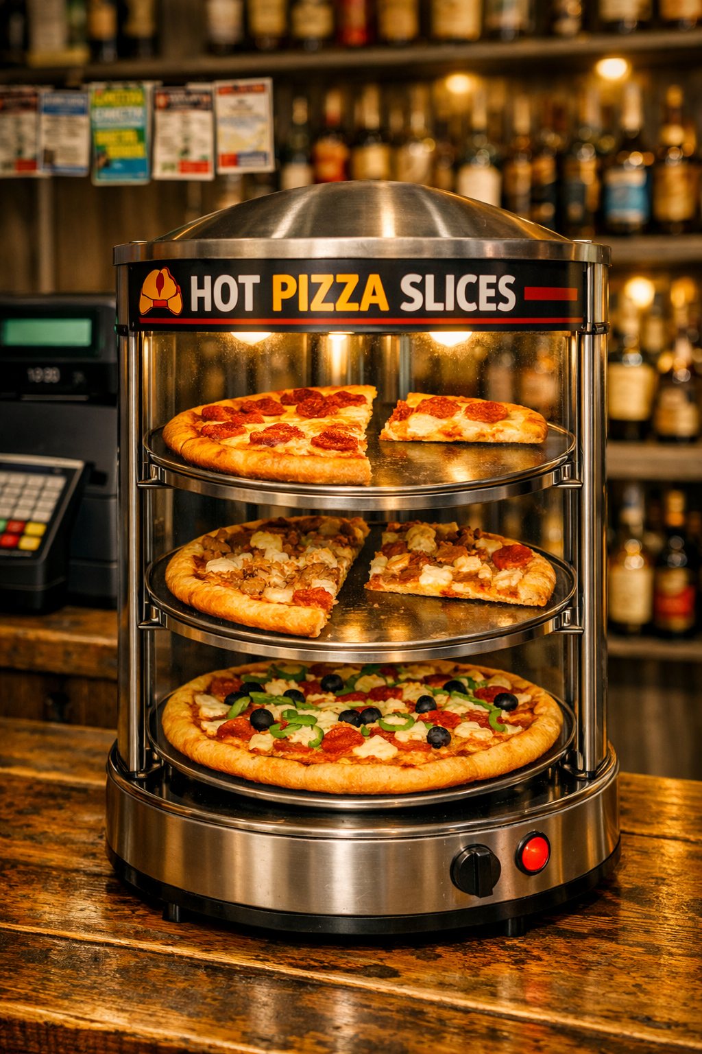 Hot pizza slices display