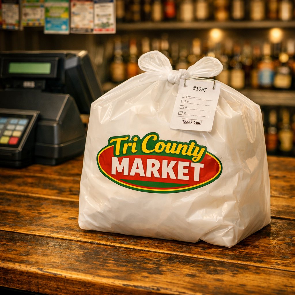 To-go pickup bag at market counter
